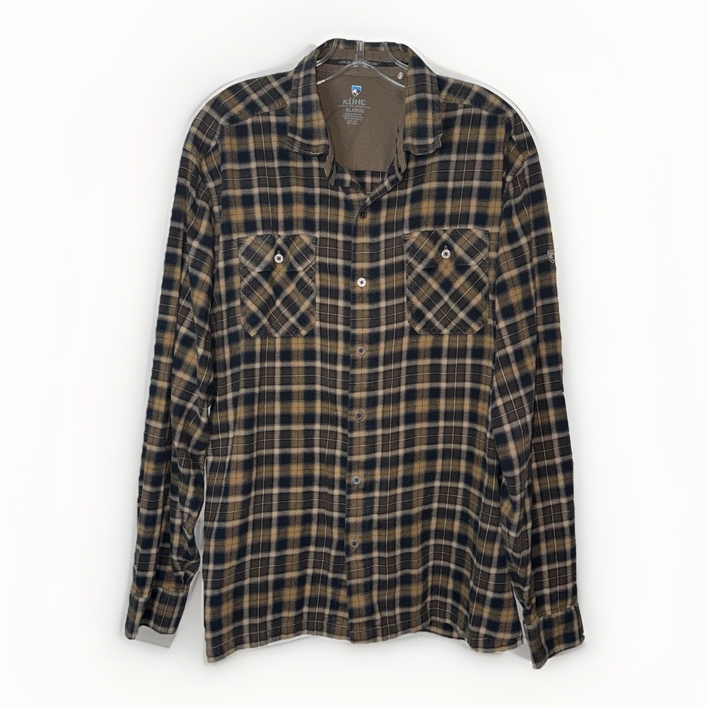 Kuhl Flannel Shirt XL Mens Brown Long Sleeve Button Down Hiking Dillingr Casual